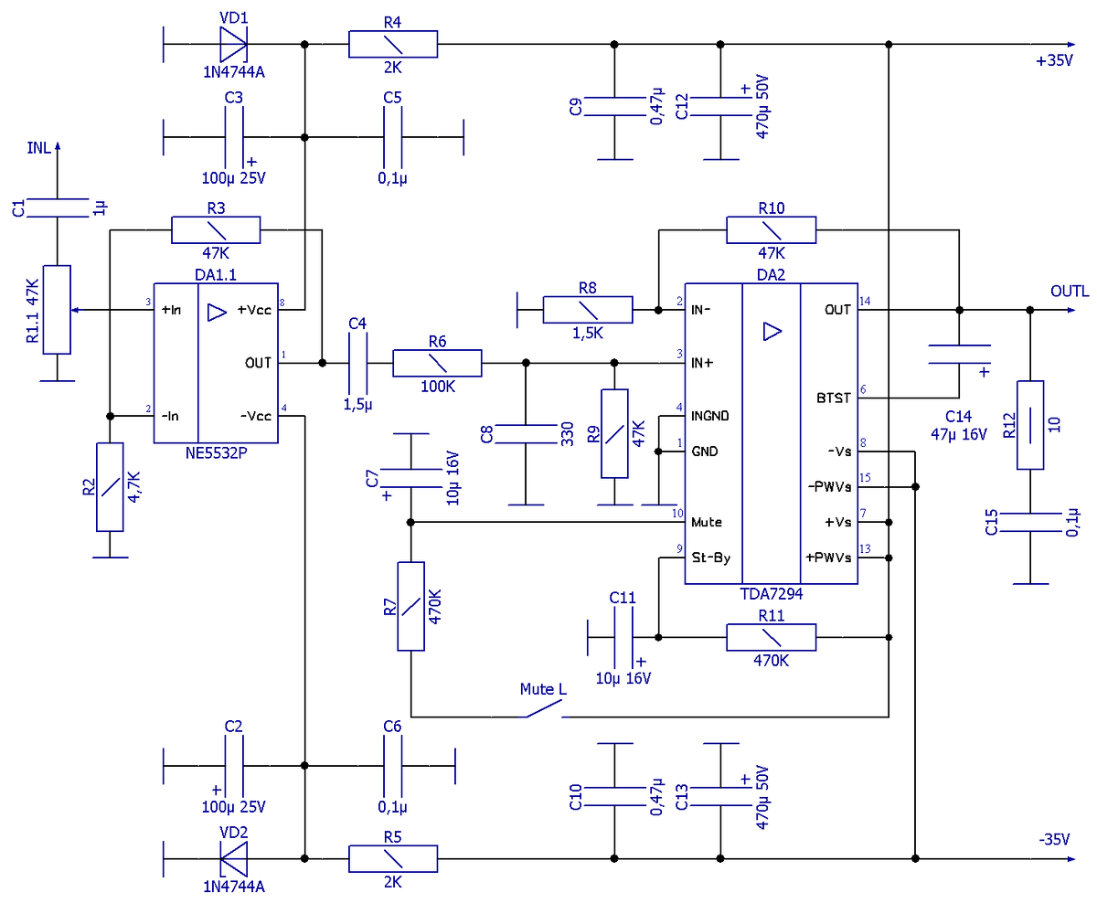 Схема электрическая принципиальная стерео усилителя TDA7294 + NE5532