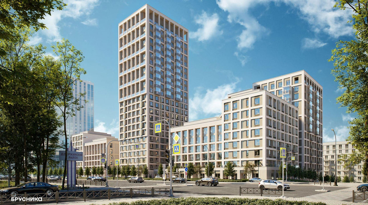    Первый дом с центральным входом и симметричной композицией. Визуализация предоставлена Брусникой