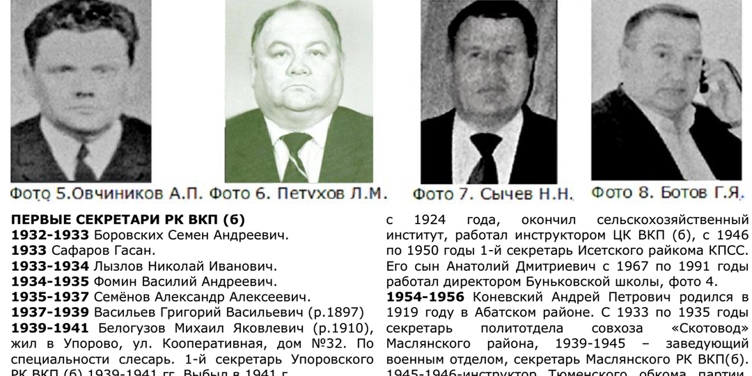 ПЕРВЫЕ СЕКРЕТАРИ УПОРОВСКОГО РАЙКОМА ВКП (б) С 1952 КПСС