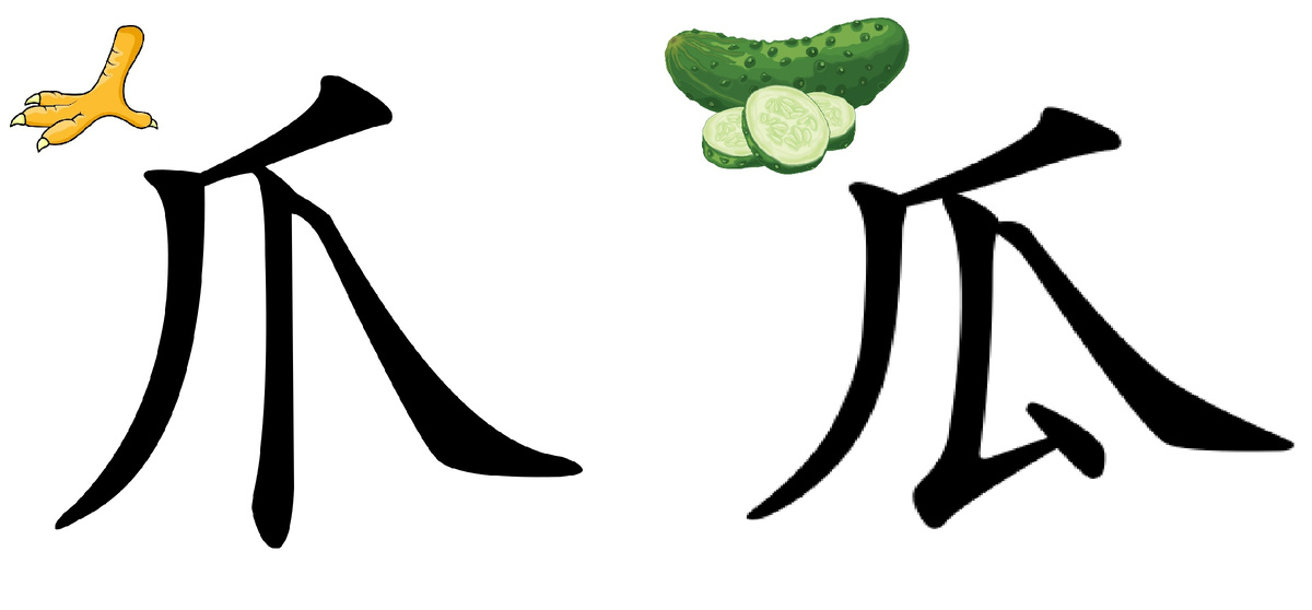 爪 (zhǎo) — «коготь, лапа»      瓜 (guā) — «огурец»