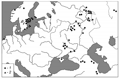 Карта распределения желто-красных и зеленых бусин миллефиори. 1 - по Дж. Каллмеру,2 - добавлено Е. В. Гольдиной.