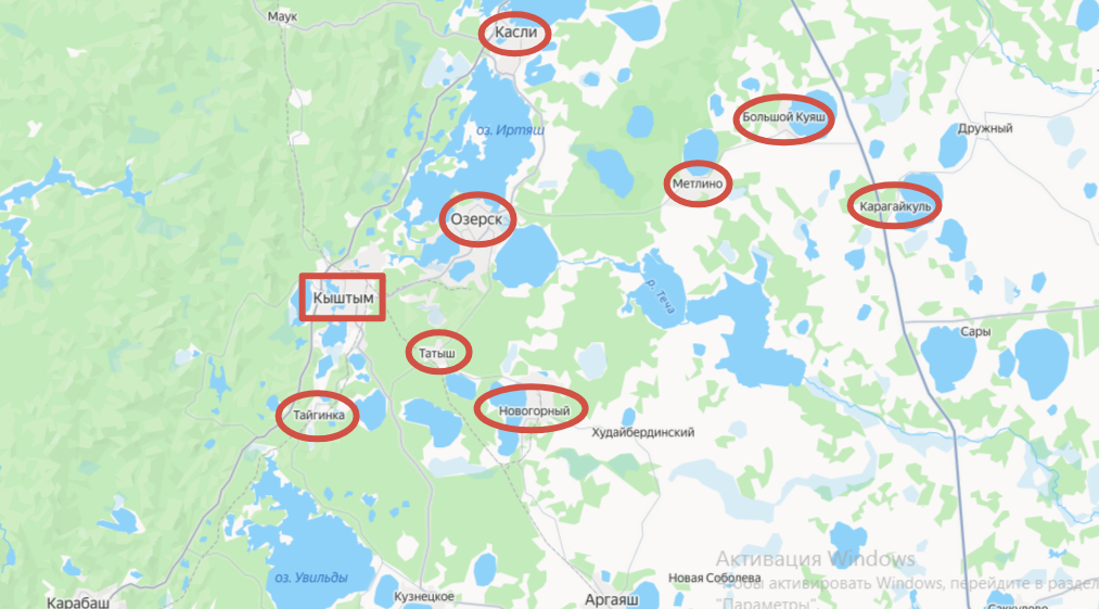 Место расположение Кыштыма на карте - вокруг множество деревень