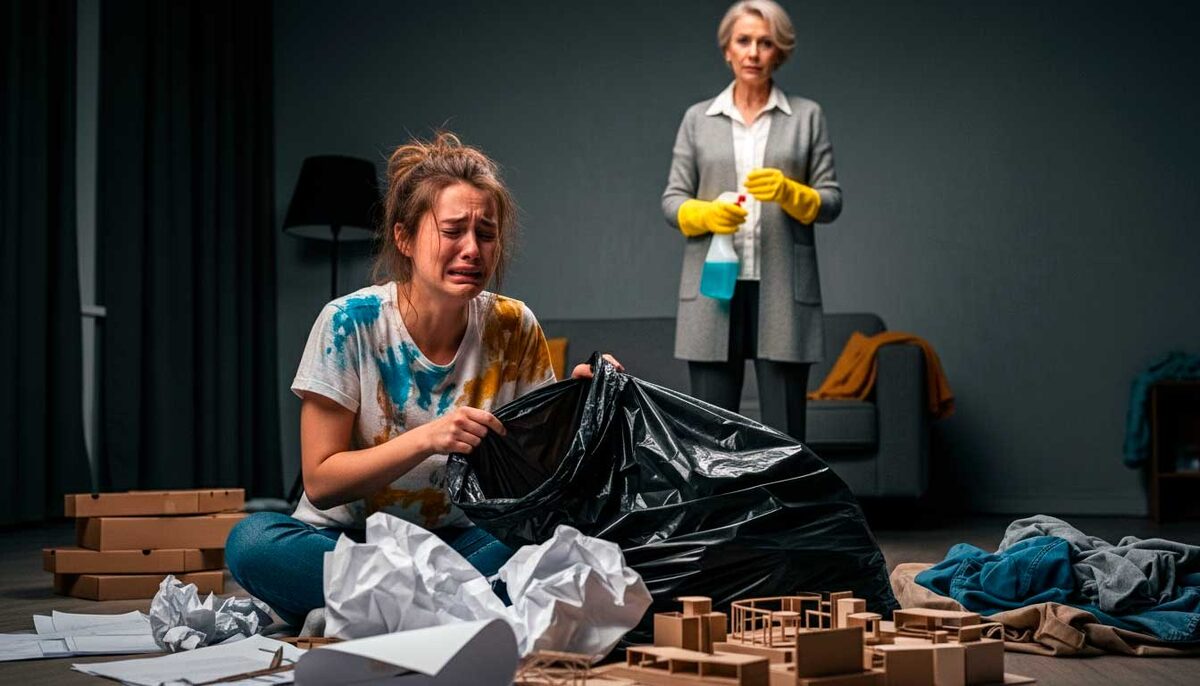 Она рыдала над мусорным мешком