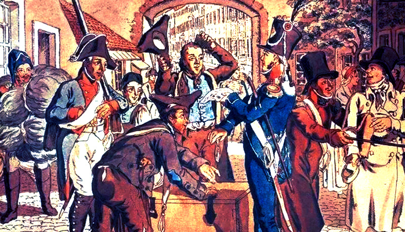 Континентальная блокада. В качестве исходного изображения использована репродукция раскрашенного офорта приблизительно 1810 года.