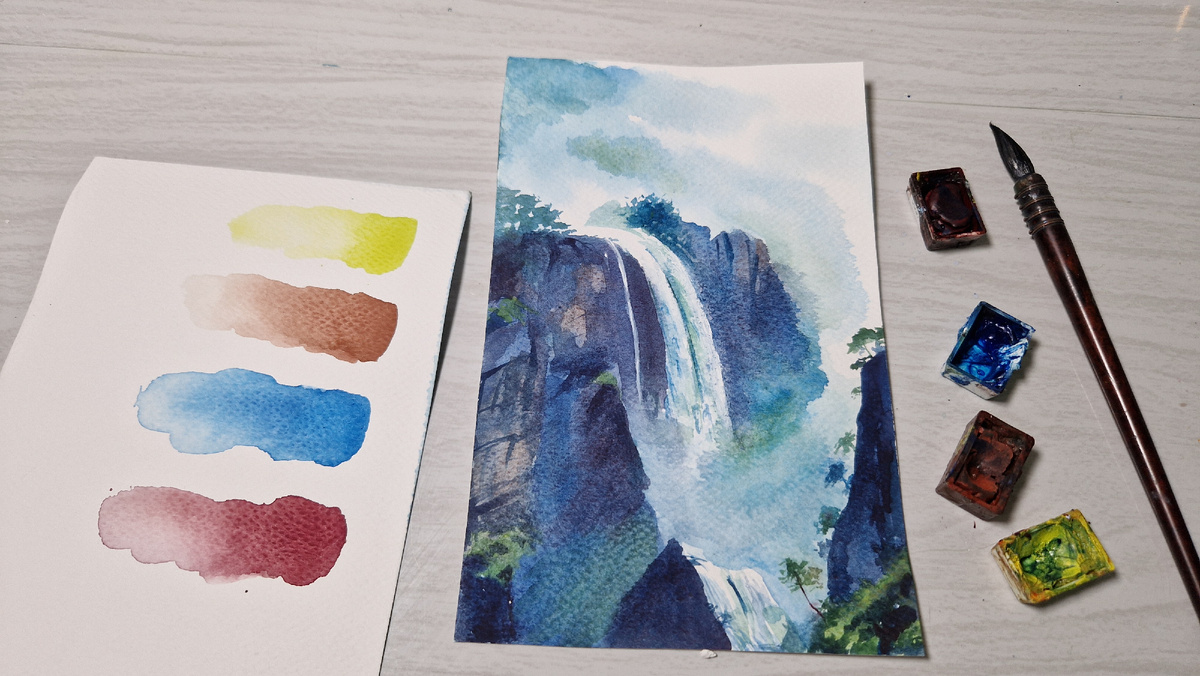 Водопад акварелью в ограниченной цветовой палитре 
