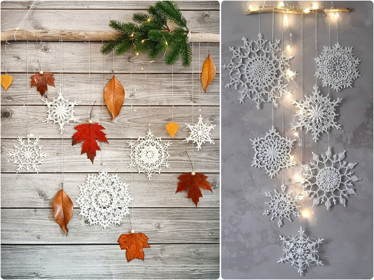 Настенное панно со снежинками на морской коряге с гирляндой (справа) и с южным акцентом в виде листьев клена и магнолии. Мои работы