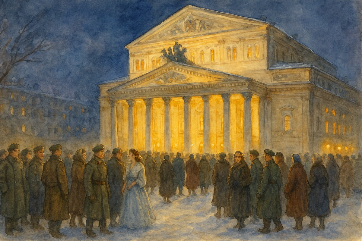 К Большому театру идут люди на первую мирную сказку — балет «Золушка».