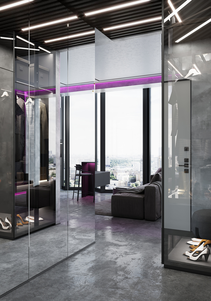 Перетекающее пространство прихожей и гостиной с акцентной неоновой подсветкой и урбанистическими фактурами.
