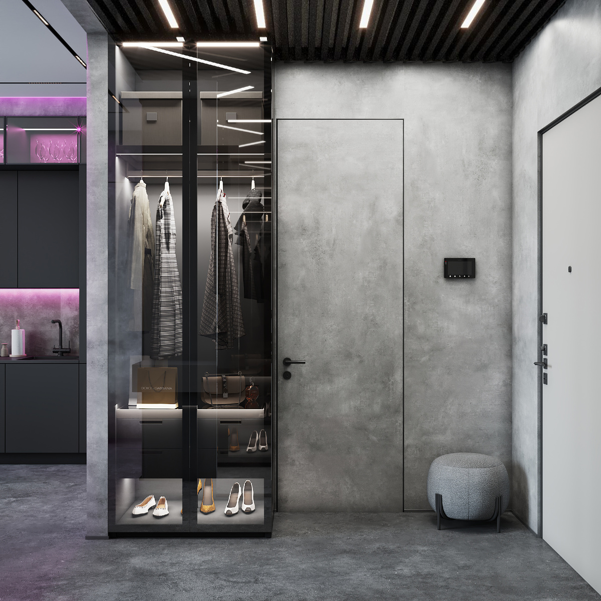 Открытый модуль с подсветкой — компактное, но эффектное решение для хранения и демонстрации базового гардероба.