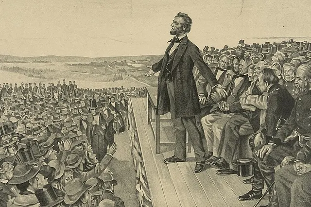 Литографическое изображение выступления Линкольна на церемонии посвящения Национального кладбища Геттисберга, 19 ноября 1863 года.