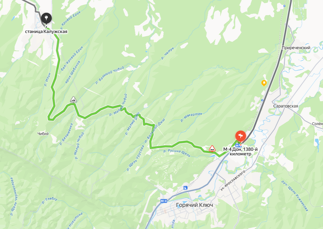Дорога Горячий Ключ-Калужская на картах Яндекс