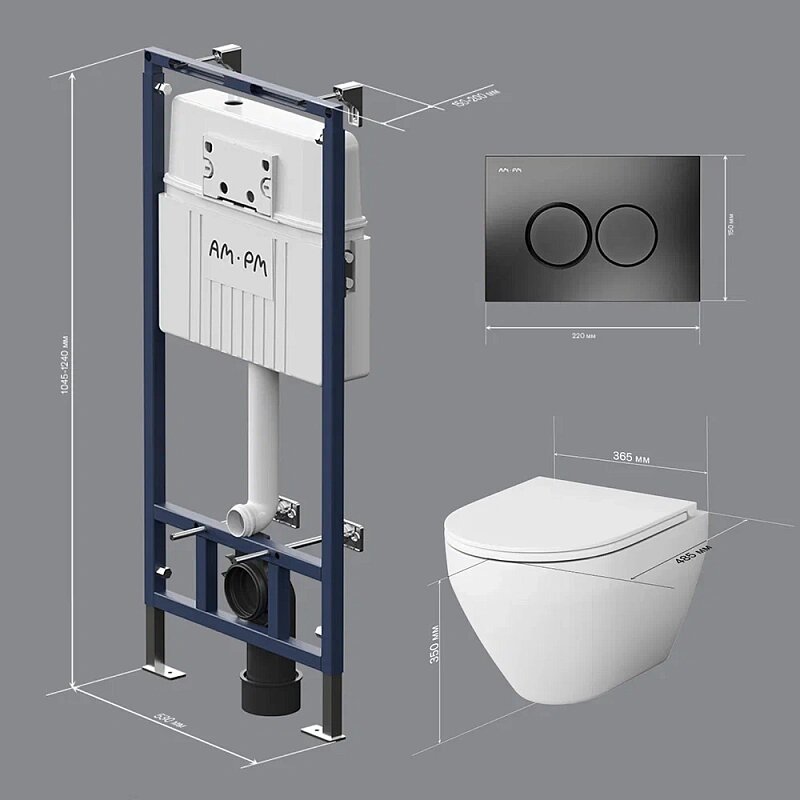 Унитаз подвесной безободковый с инсталляцией AM.PM Spirit 2.0 IS100138.701700 сиденьем микролифт, черной механ. клавишей