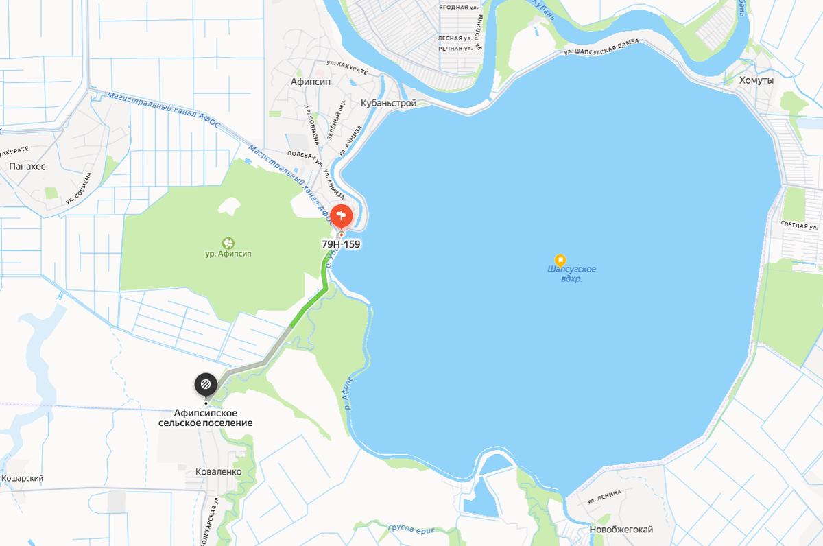 Дорога между аулом Афипсип и хутором Коваленко на картах Яндекс