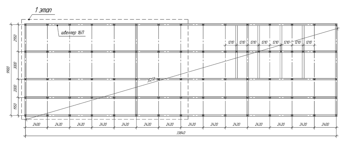 План свайного поля и обвязки. Пунктиром выделен объем работ на первый этап