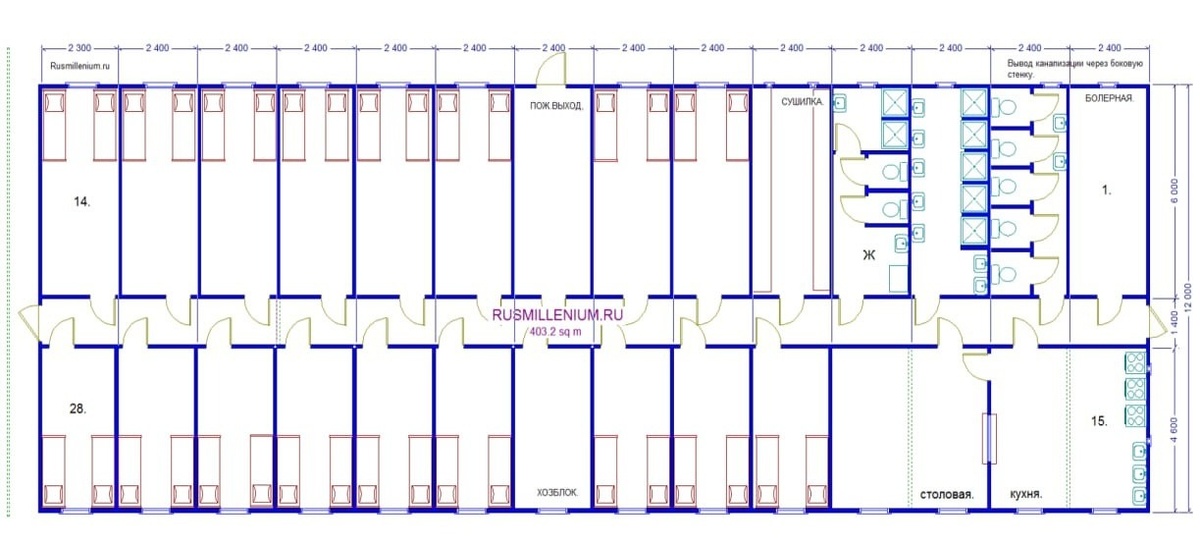 План модульного здания МЗ-08 из блок-контейнеров
