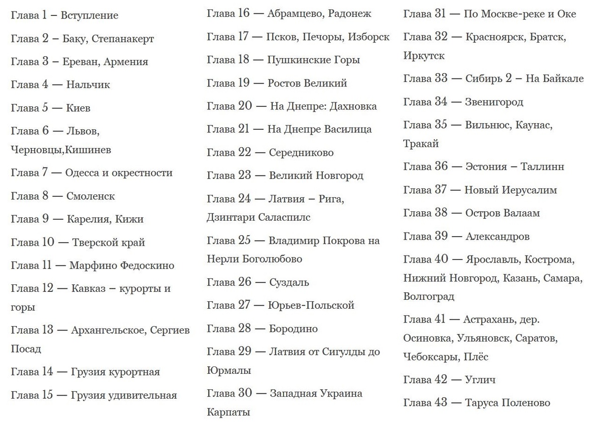 Это только то, что уместилось в три колонки, всего глав 46