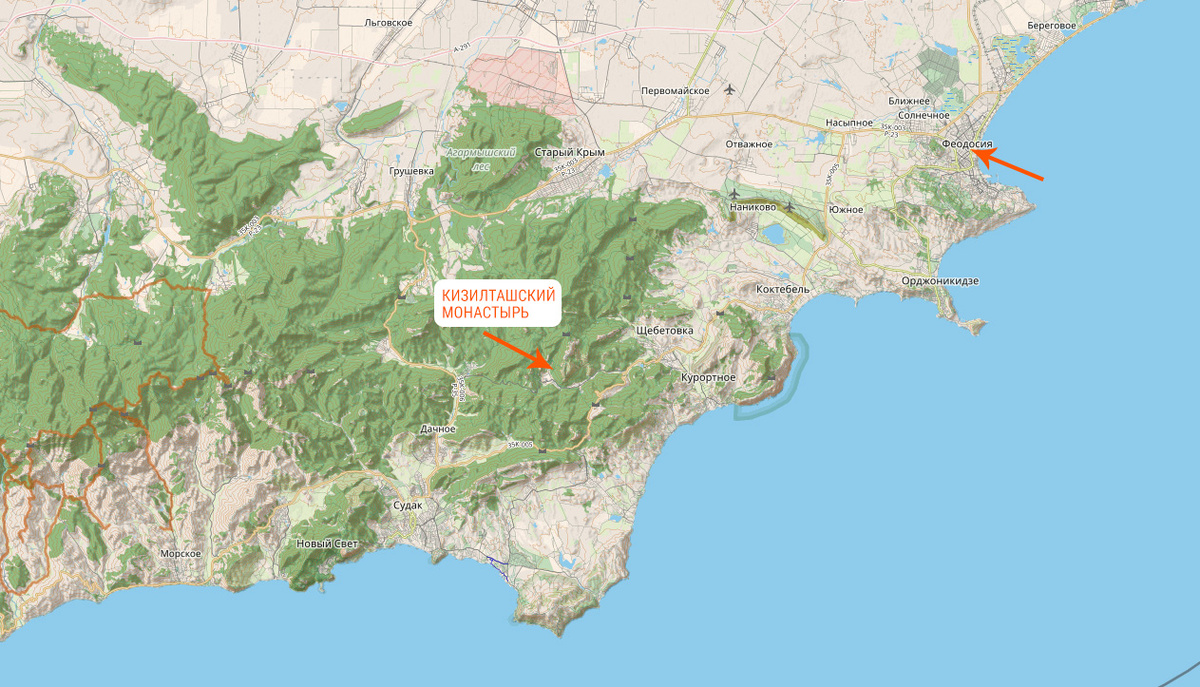Карта расположения Кизилташского монастыря