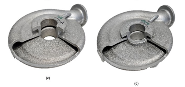 Отливки, напечатанные на бокситовом (c) и кварцевом (d) песке.