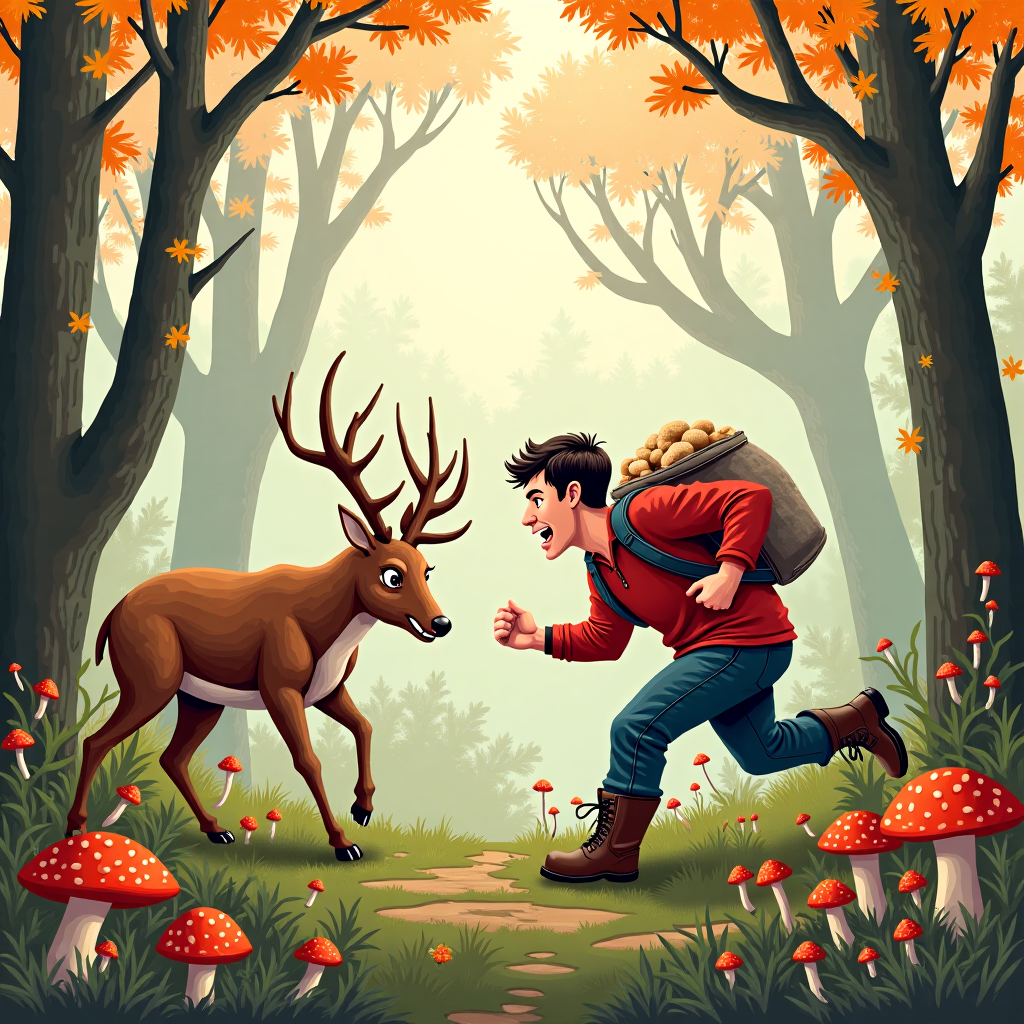 Иллюстрация осеннего немецкого леса: молодой мужчина с мешком грибов встречает косулю во время сбора урожая в густой чаще.
