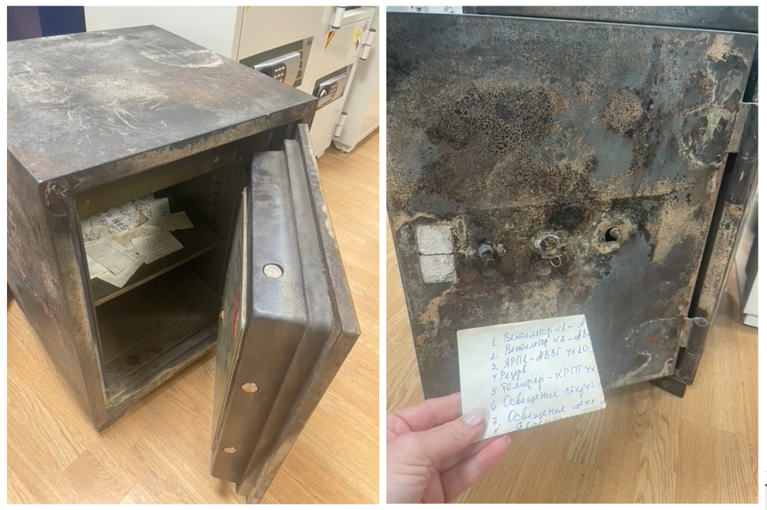 Сейф Diplomat (класса 60P / 60Б) после испытаний на огнестойкость: на 82й минуте нагрев прекратили, все содержимое цело, хотя сейф продержался больше положенного времени