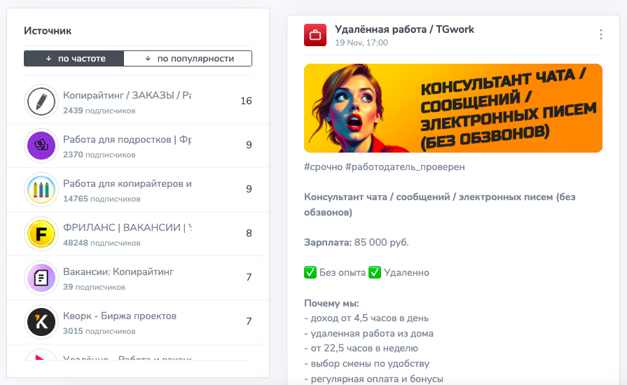 Результат по ключевому слову «копирайтинг». (Источник: https://tgstat.ru/)