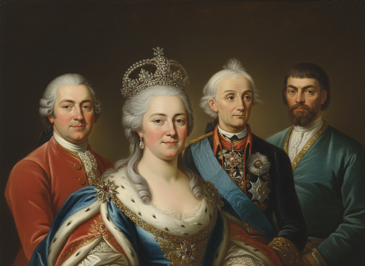 Фотоколлаж автора. Ломоносов, Суворов, Пугачев и императрица Екатерина 2.