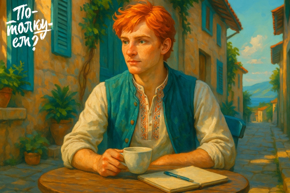 Иван Царевич с рыжими волосами сидит в уличном кафе с чашкой и блокнотом