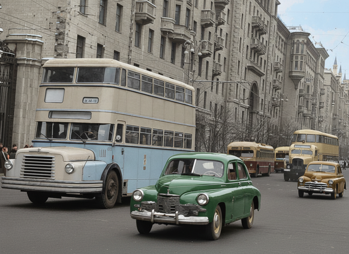 Фото двухэтажного троллейбуса в Москве, 1953 год. Фото восстановленное