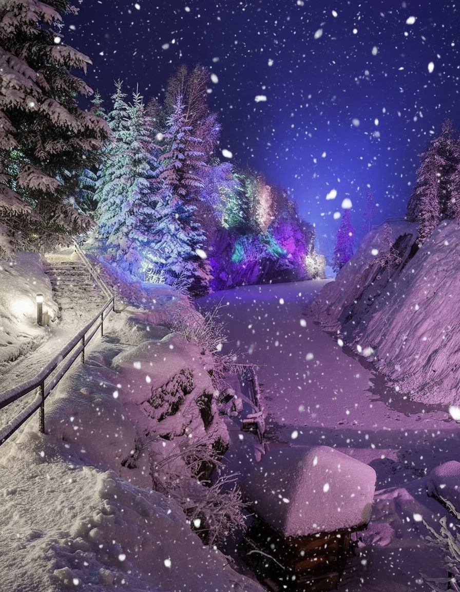 Горный парк Рускеала зимой вечерняя подсветка Мраморный каньон.