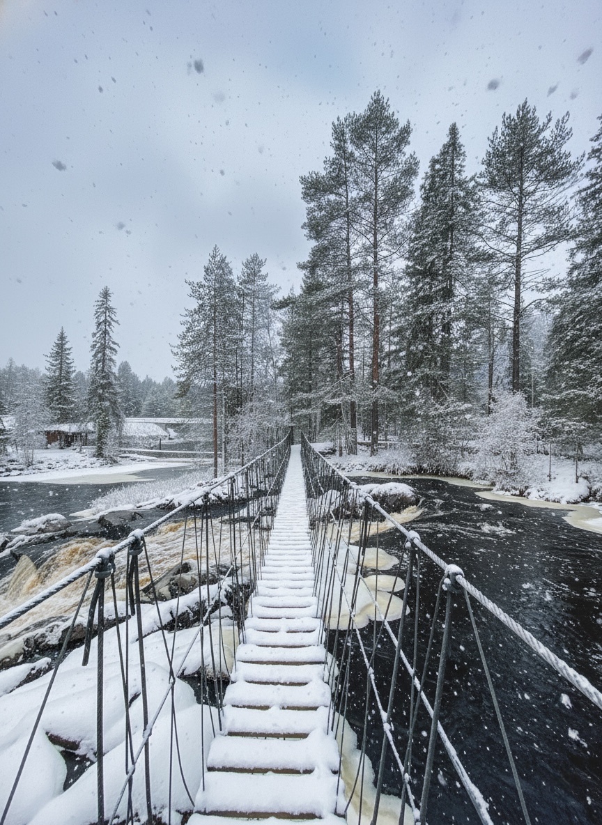 Водопады Ахинкоски зимой в Карелии.