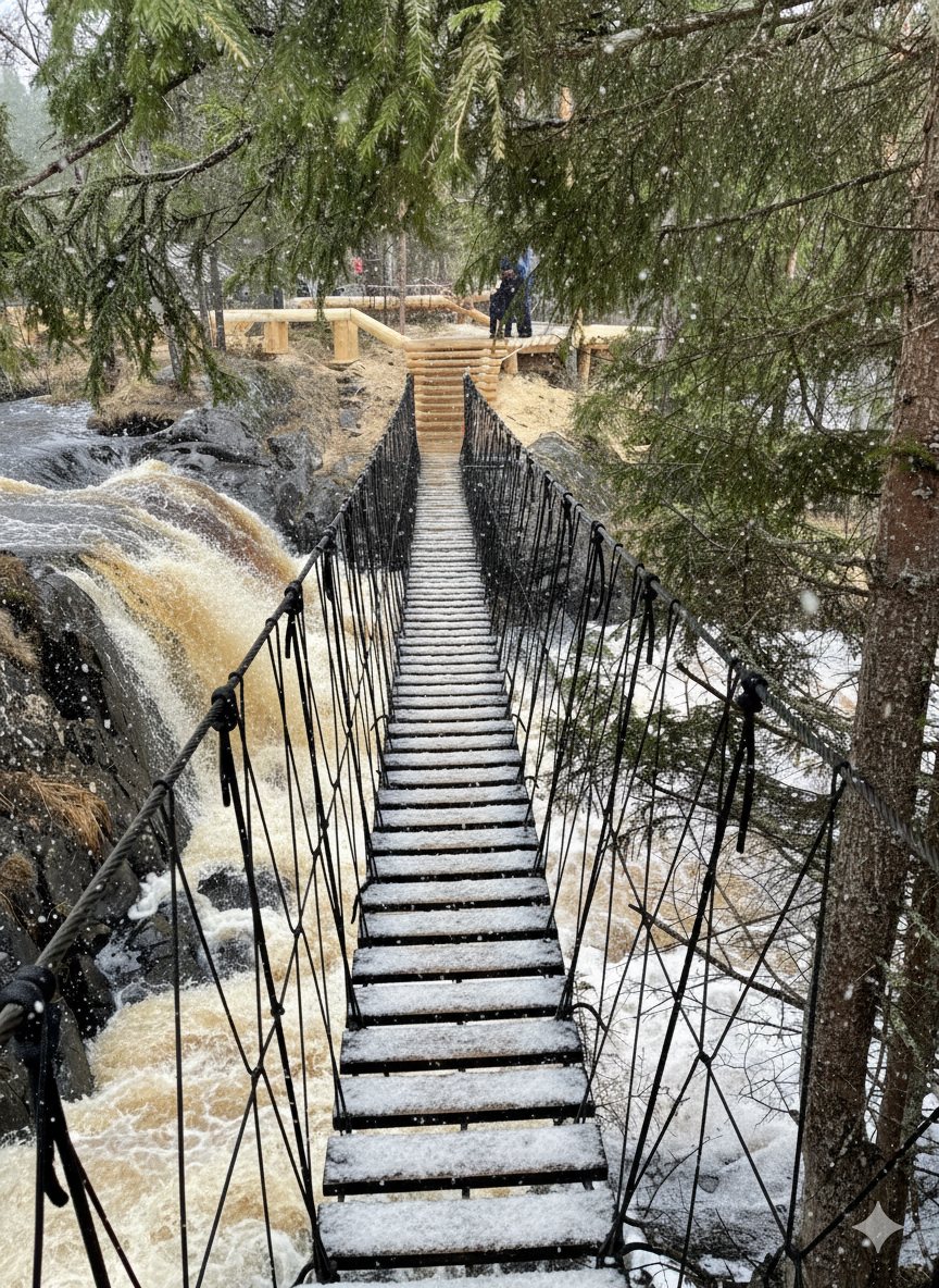 Водопады Ахинкоски зимой в Карелии.