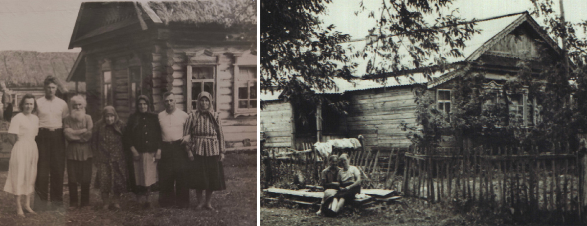 На границе двух эпох: слева — семья Майоровых с детьми перед своим домом, 1952 г.; справа — дом Мокрецовых, конец 1960-х.