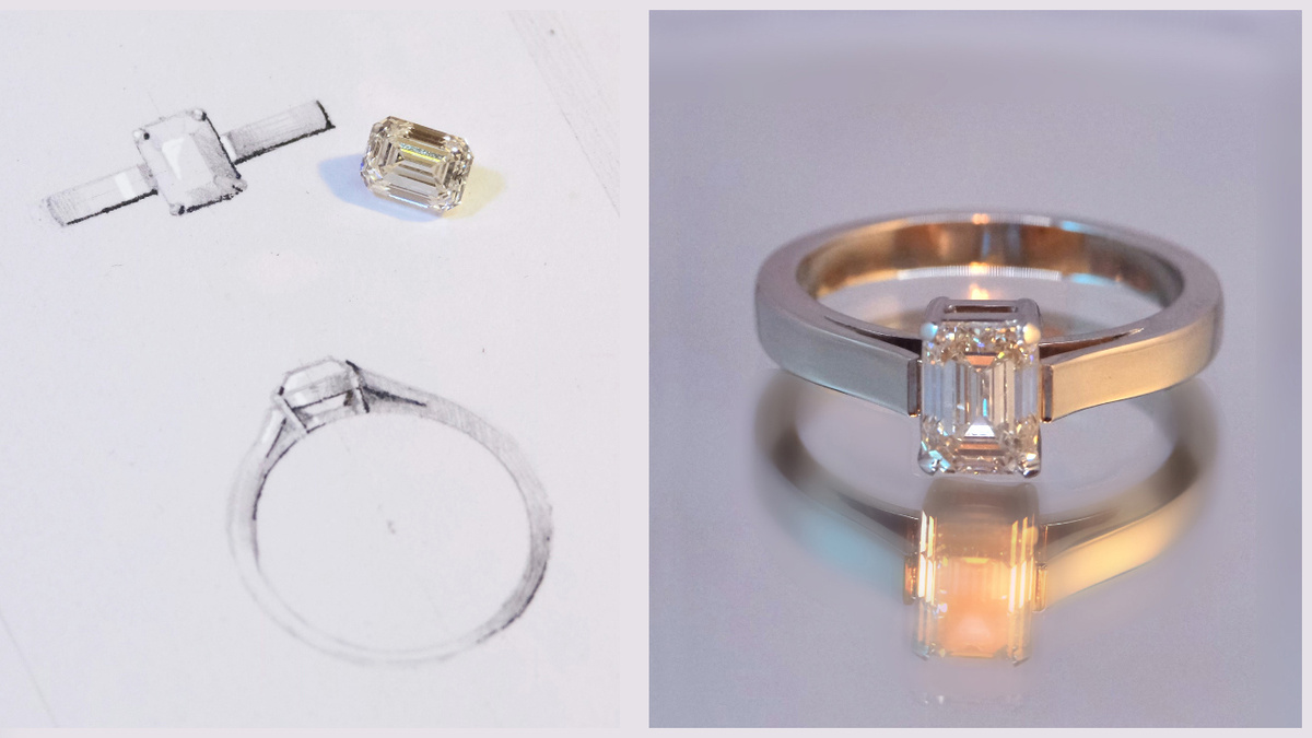 Помолвочное кольцо из белого золота с бриллиантом "Эмеральд". Проект и готовое изделие.