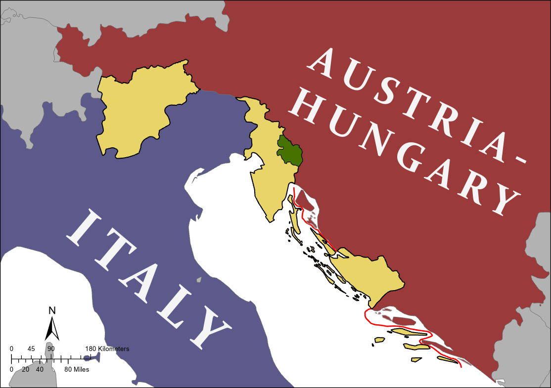Территории, обещанные Италии Антантой в Южном Тироле, Австрийской Приморской области и Далмации (заштрихованы), а также в районе плато Снежник (выделено зелёным). Однако после Первой мировой войны Далмация была передана не Италии, а Югославии