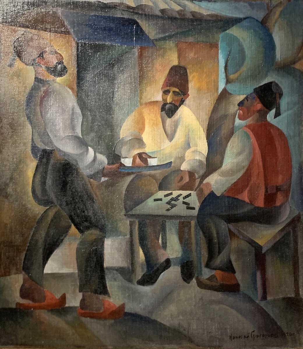 Николай Григорьев. У кофейни. 1920. Холст на картоне, масло. ГМИ Республики Карапалкакстан имени И.В.Савицкого