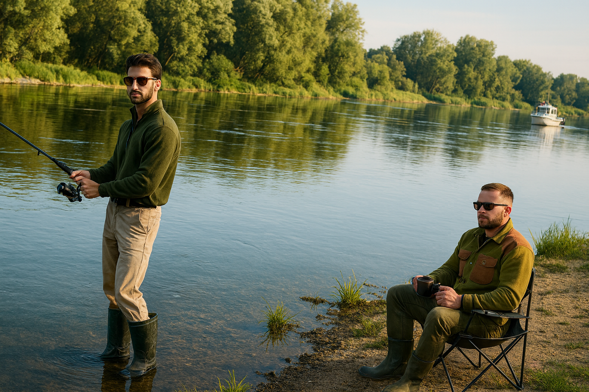 Мужчины в очках на рыбалке; рыбалка; рыбаки.