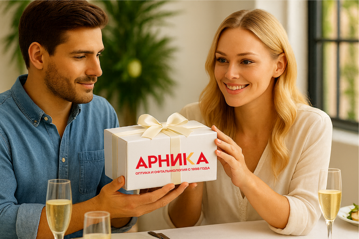 Девушка дарит подарок мужчины за праздничным столом.