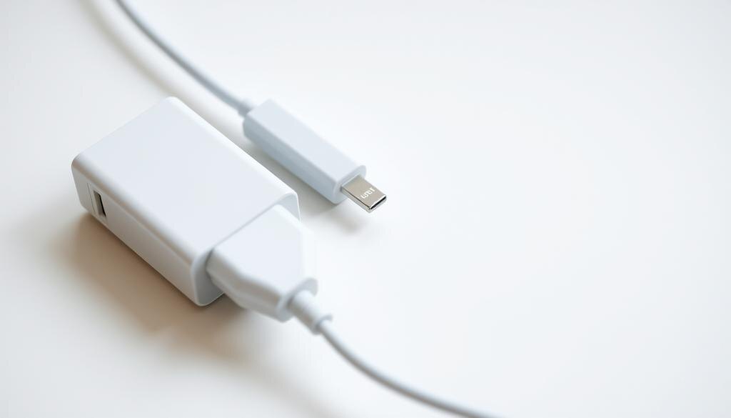    Изображение зарядного устройства и кабеля на белом фоне.