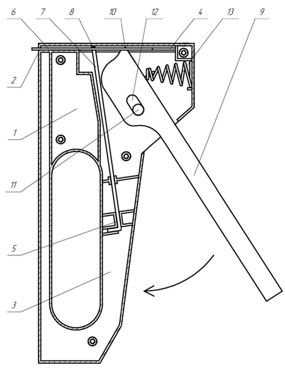 Корпус (1), выходное отверстие (2), рукоять (3), верхний паз (4), нижний паз (5), боёк (6), пластинчатая пружина (7), пружинное отверстие (8), рычаг (9), рычажное отверстие (10), штифт (11), отверстие (12), возвратная конусообразная пружина (13). Источник изображения: https://clck.ru/3QRyVf.