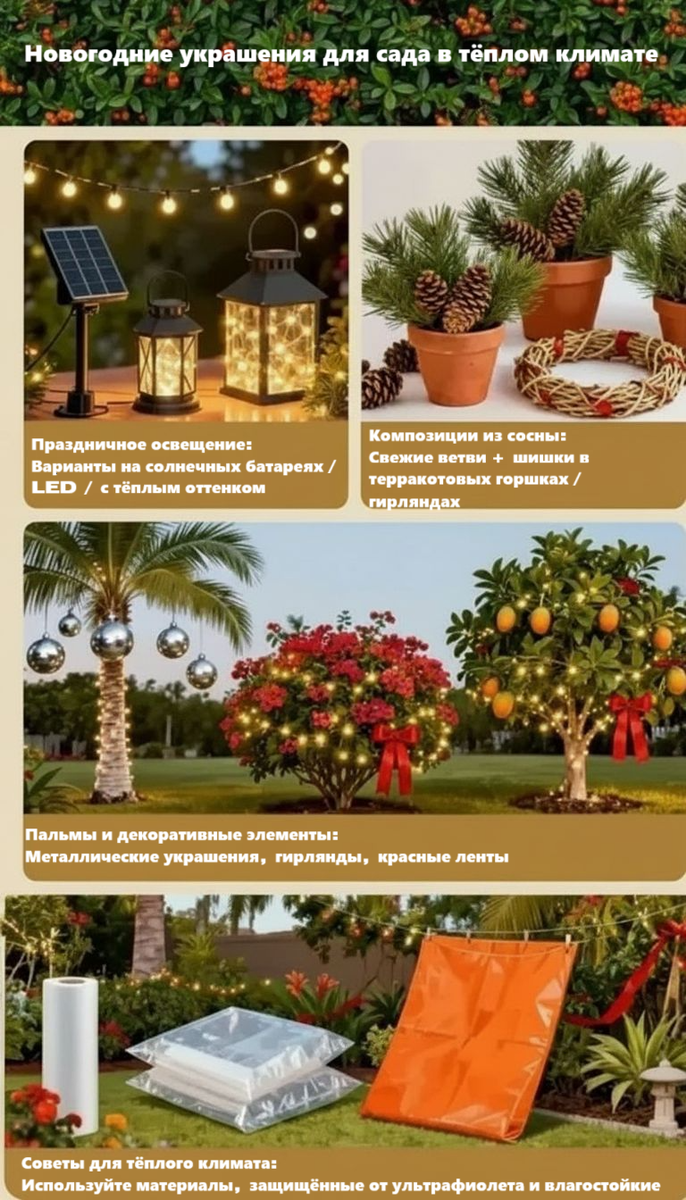 Новогодние украшения для сада в тёплом климате