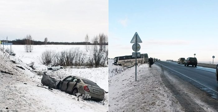 Рейсовый автобус с пассажирами попал в тройное ДТП под Новосибирском