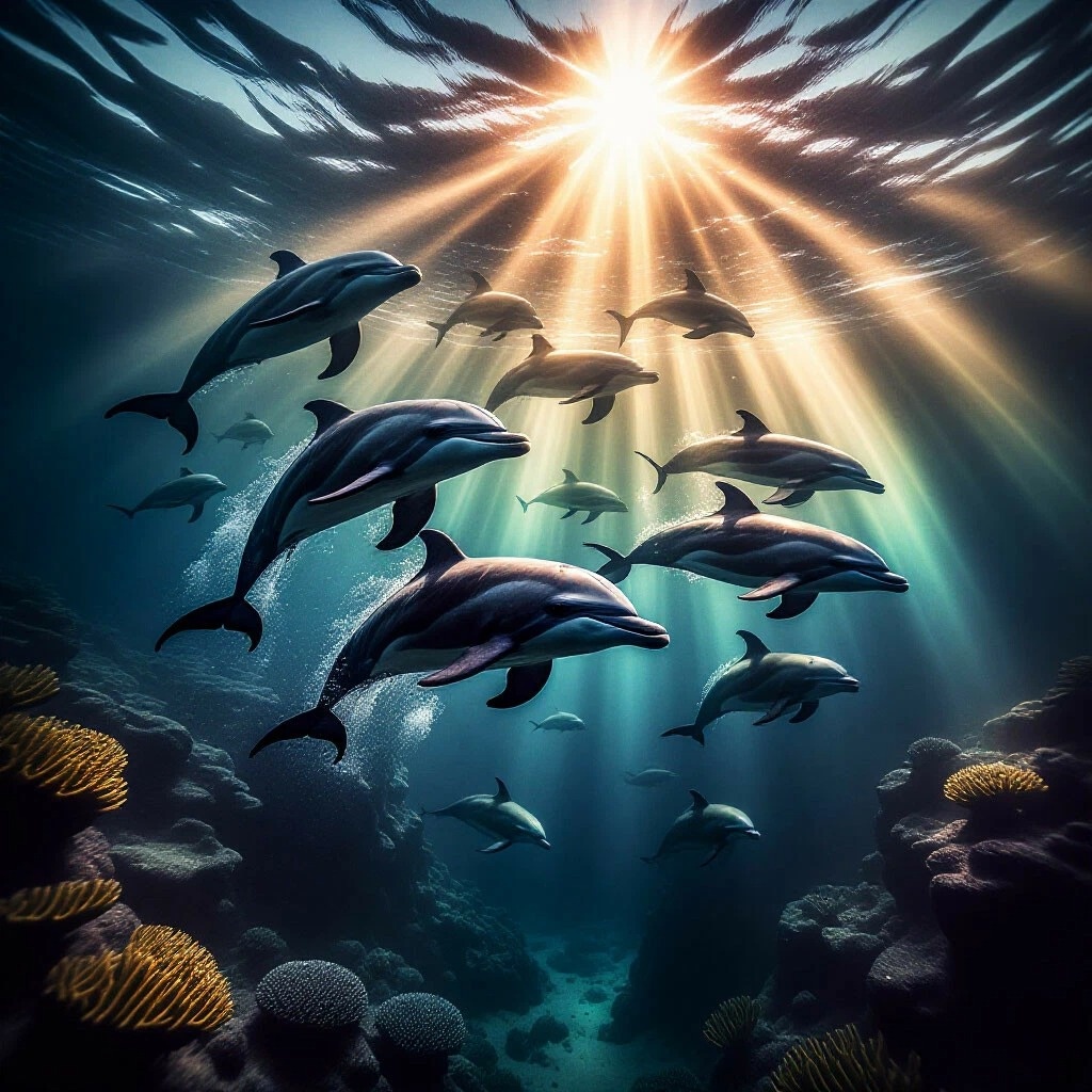Дельфины в лучах солнца