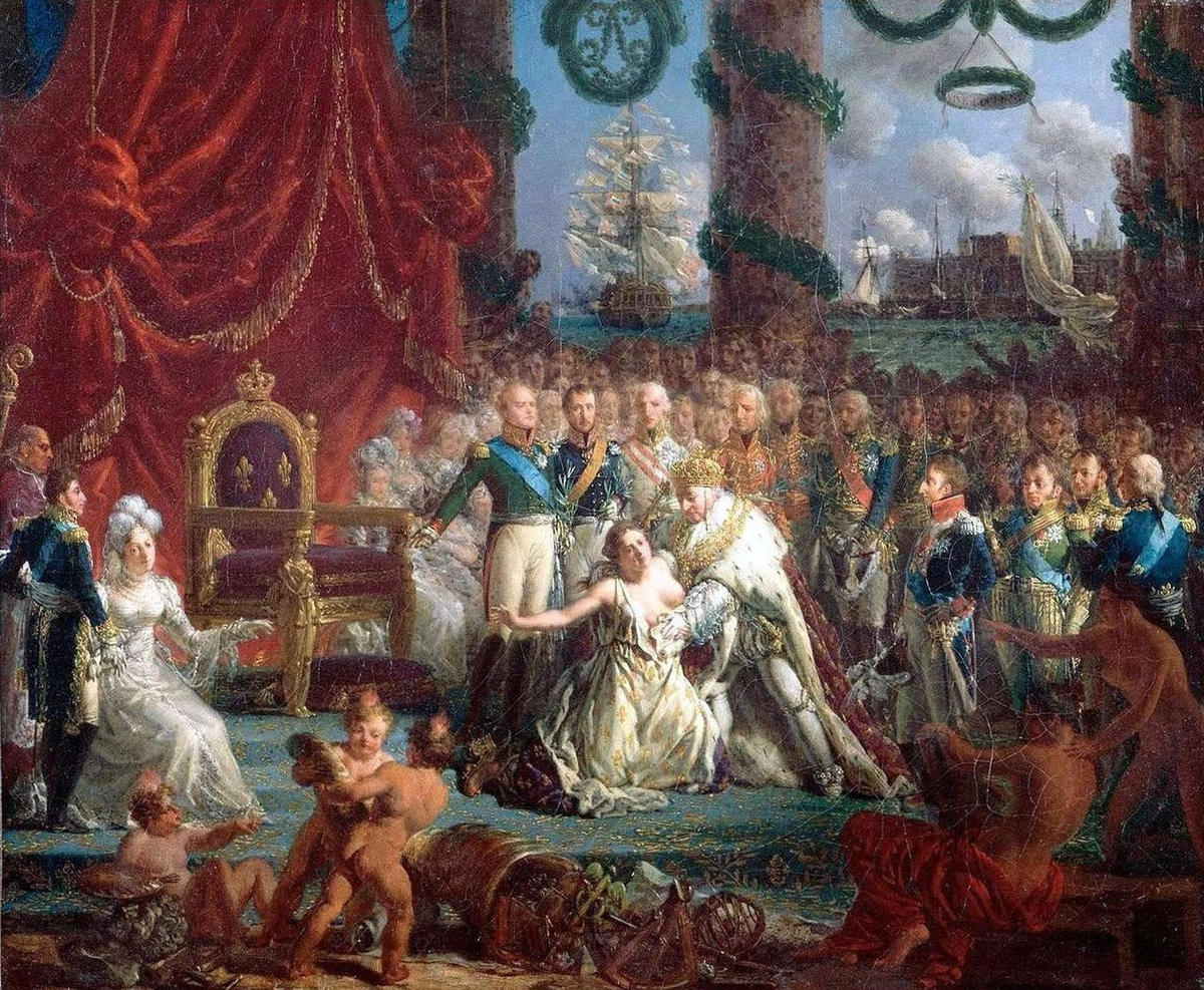 Аллегория возвращения Бурбонов 24 апреля 1814 года: Людовик XVIII поднимает Францию из руин. https://fr.wikipedia.org/wiki/Louis_XVIII