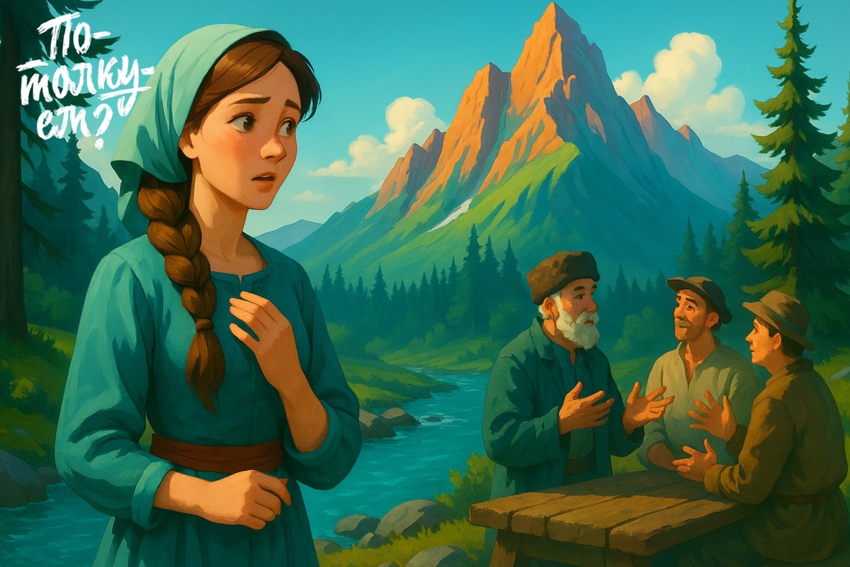 Василиса Премудрая слушает уральцев у реки в горах летом