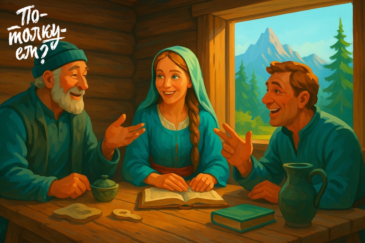 Василиса Премудрая за столом с уральцами в избе обсуждает слова