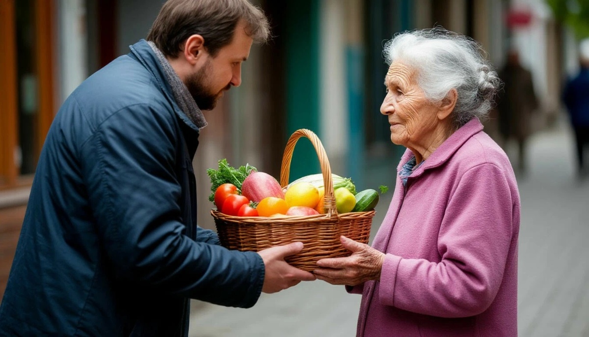 человек дает бедной старой бабушке корзину с продуктами