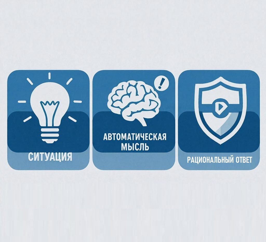 Инфографика: схема работы с тревожными мыслями по методу КПТ (когнитивно-поведенческая терапия). Три этапа: ситуация, автоматическая мысль, рациональный ответ.