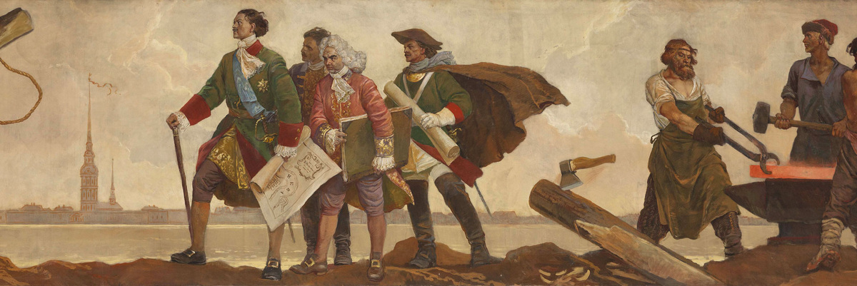 Картина В.А.Серова и Н.М.Корчагина «Закладка Петербурга» несколько фантазийна, но любопытна