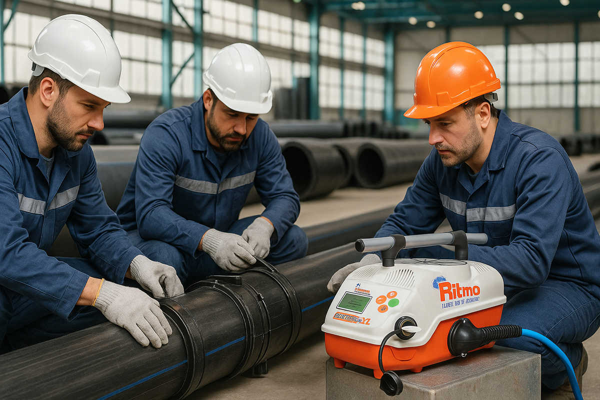 Бригада рабочих - выполняет сварку пластиковых труб 