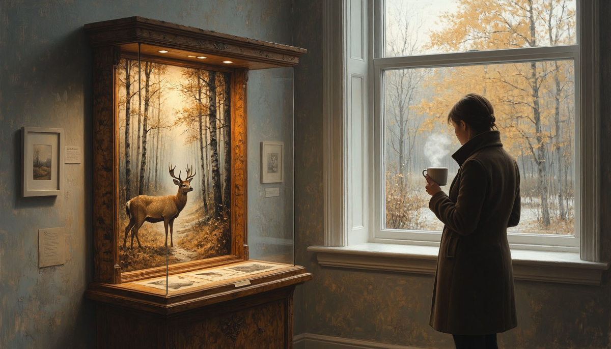 Тихий музейный зал с окном, за которым — ноябрьский сад.